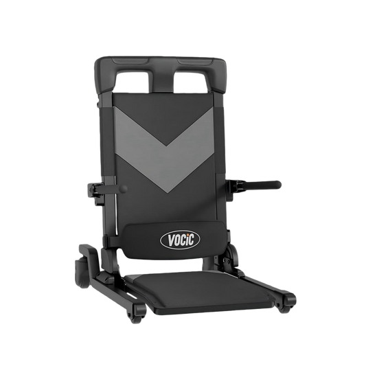Electric lift chair with 4 wheels, dark padded upholstery and front control arm