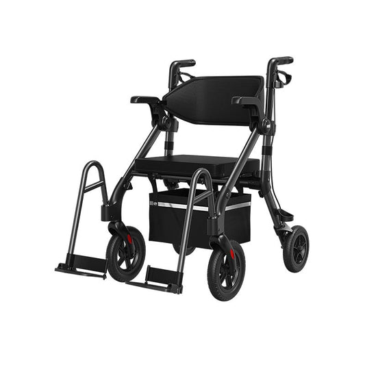 Black rollator walker with padded seat and foldable support bars