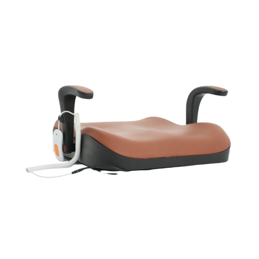 Brown and black stand-up recliner with armrests and headrest, padded seat