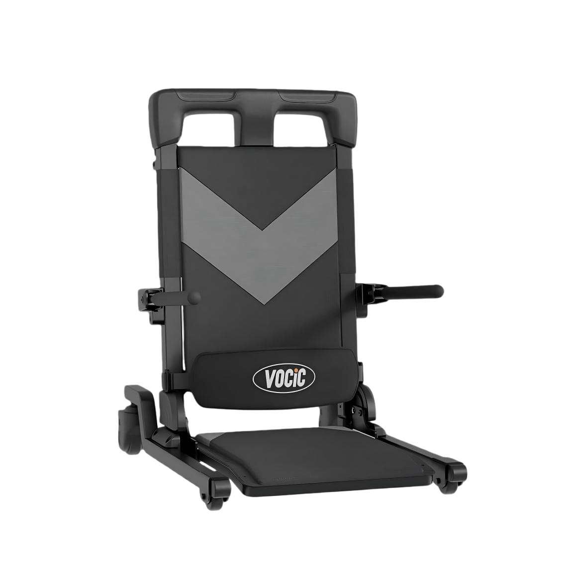 Electric lift chair with 4 wheels, dark padded upholstery and front control arm