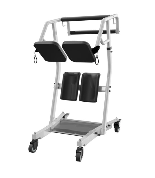 Standing transfer device with dual black arm supports and two padded leg pieces