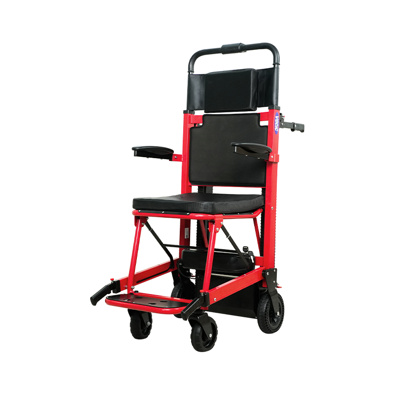 Battery-powered stair wheelchair, red frame with seat and front platforms