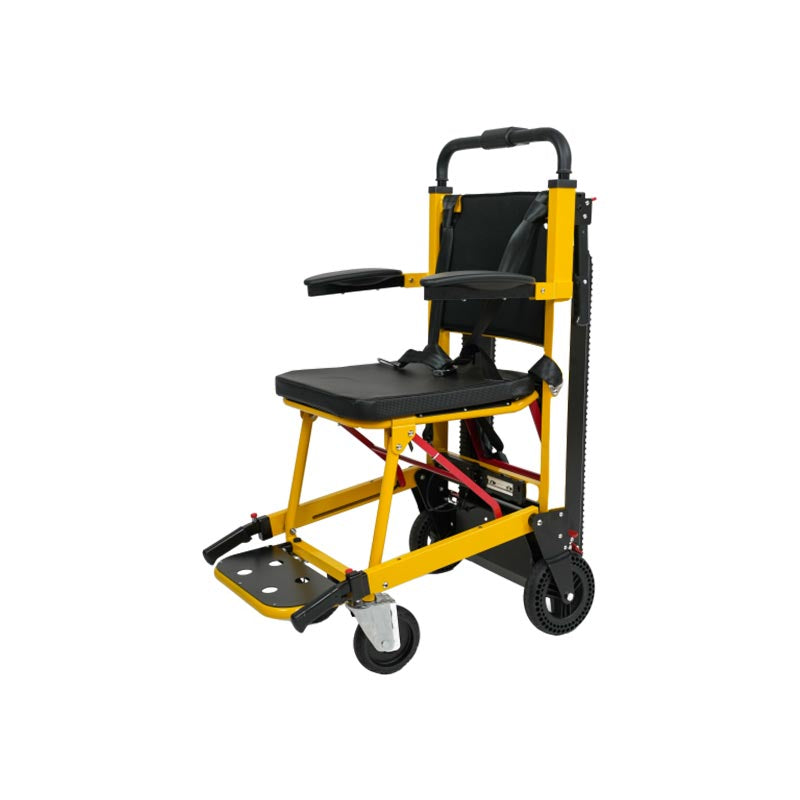 Battery-powered stair wheelchair, yellow frame with seat and safety arms