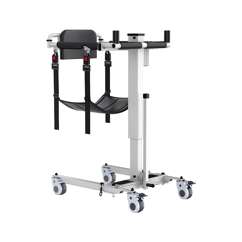 Electric folding transfer lift with black padded support and wheeled base