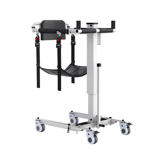 Electric folding transfer lift with black padded support and wheeled base