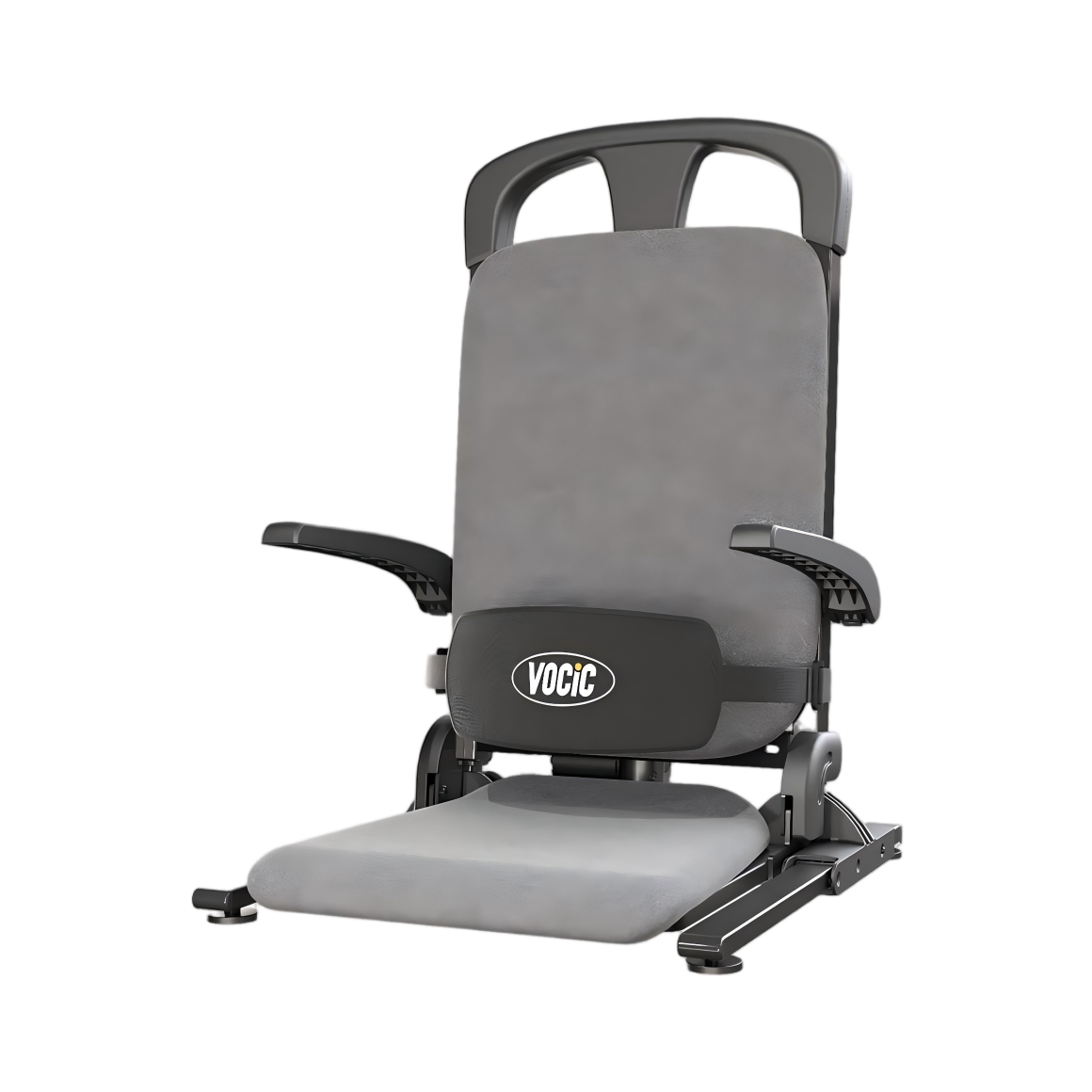 Grey sit-to-stand lift chair with padded seat and back, side handles, base controls