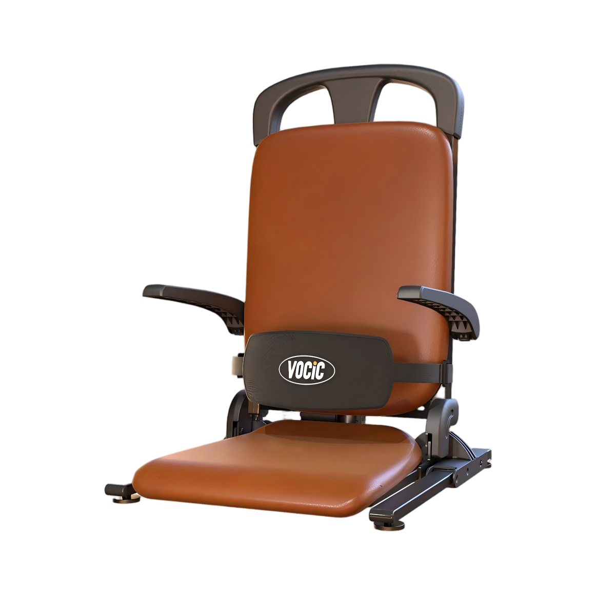 Brown sit-to-stand lift chair with padded seat and back, side handles, base controls