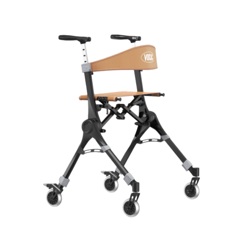 Black rollator walker with backpack, foldable frame and four wheels