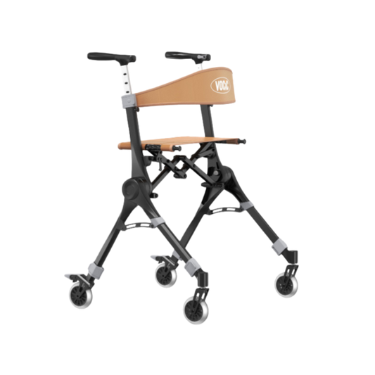 Black rollator walker with backpack, foldable frame and four wheels