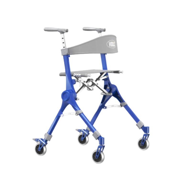 Blue rollator walker with backpack, foldable frame and four wheels