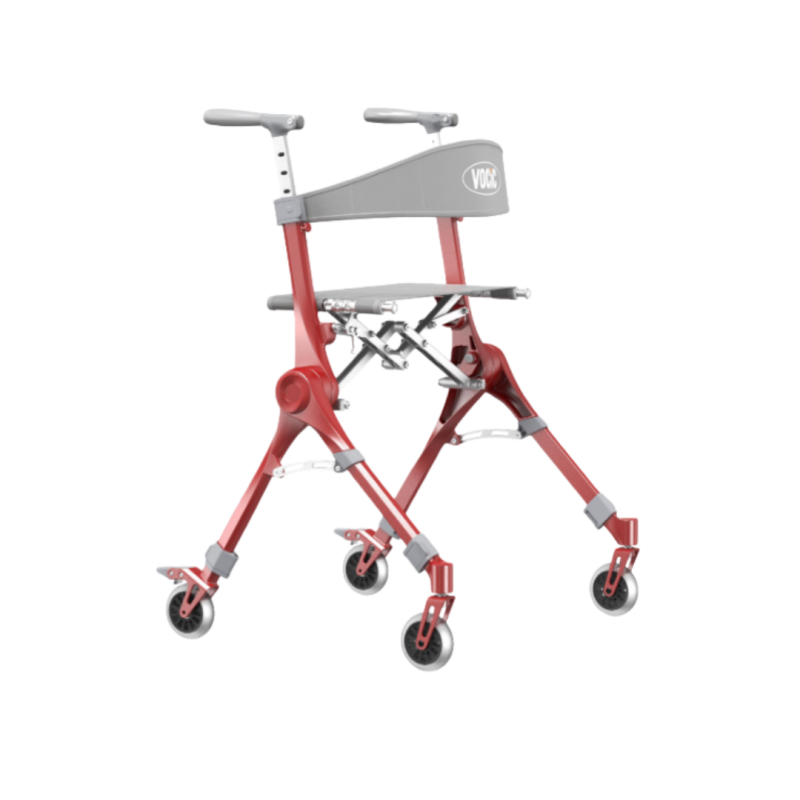 Red rollator walker with backpack, foldable frame and four wheels