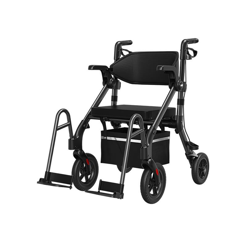 Black rollator walker with padded seat and foldable support bars