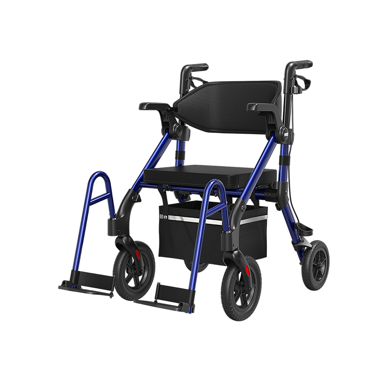 Blue rollator walker with padded seat, front access bar, and storage pouch