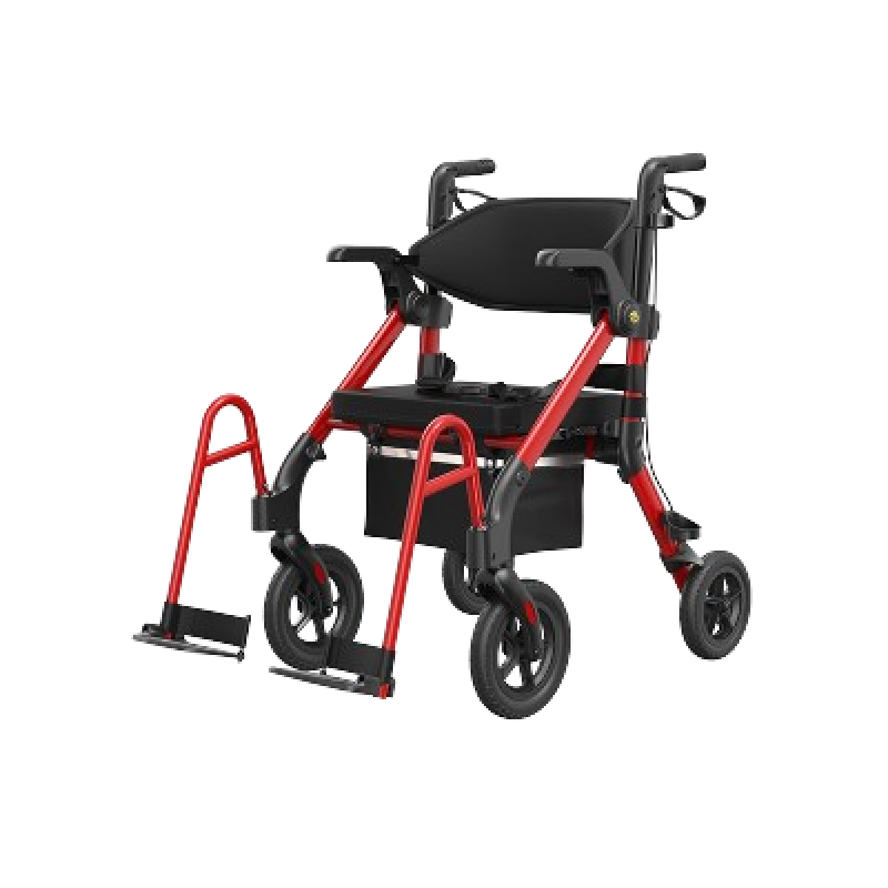 Red rollator walker with padded seat and foldable side rails