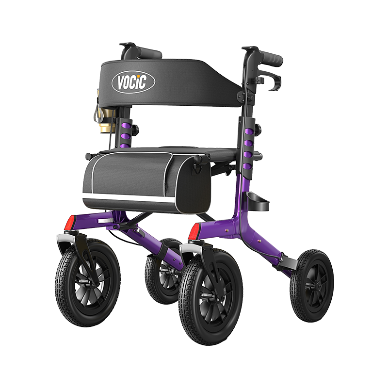 All-terrain rollator walker with purple frame, black seat and padded backrest