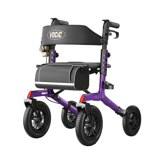 All-terrain rollator walker with purple frame, black seat and padded backrest