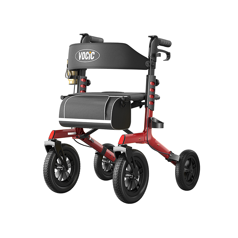 All-terrain rollator walker with red frame, black seat and padded backrest