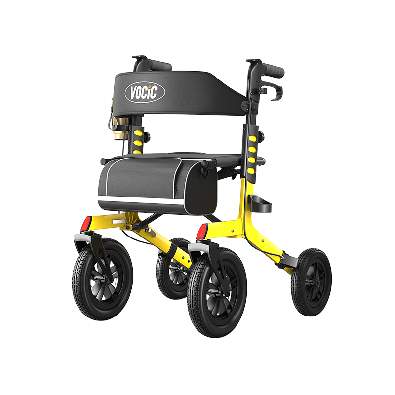 All-terrain rollator walker with yellow frame, black seat and padded backrest