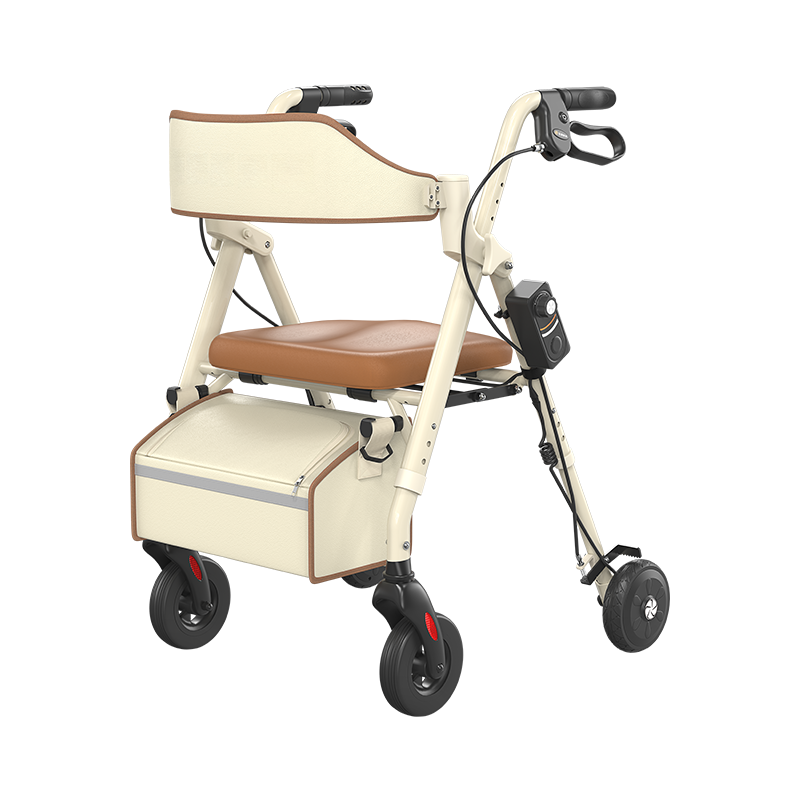 Beige adjusta-speed rollator walker with padded seat and front storage platform