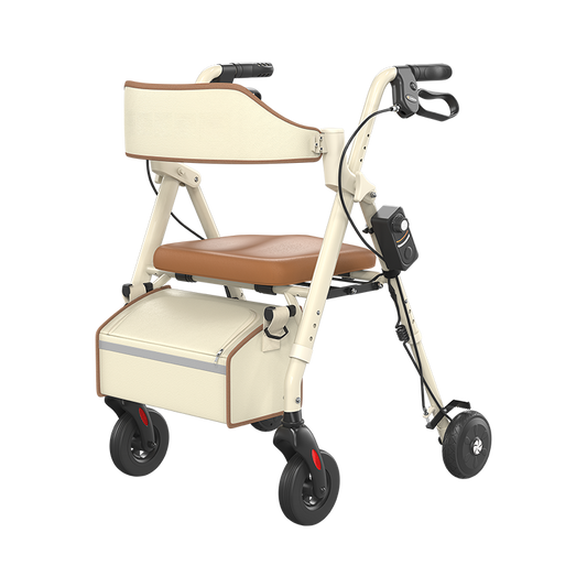 Beige adjusta-speed rollator walker with padded seat and front storage platform