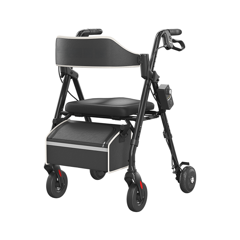Black adjusta-speed rollator walker with padded seat and front storage platform